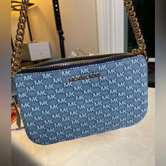 Michael Kors Jet Set Small Chain Denim Pouchette NWT - Picture 17 of 17